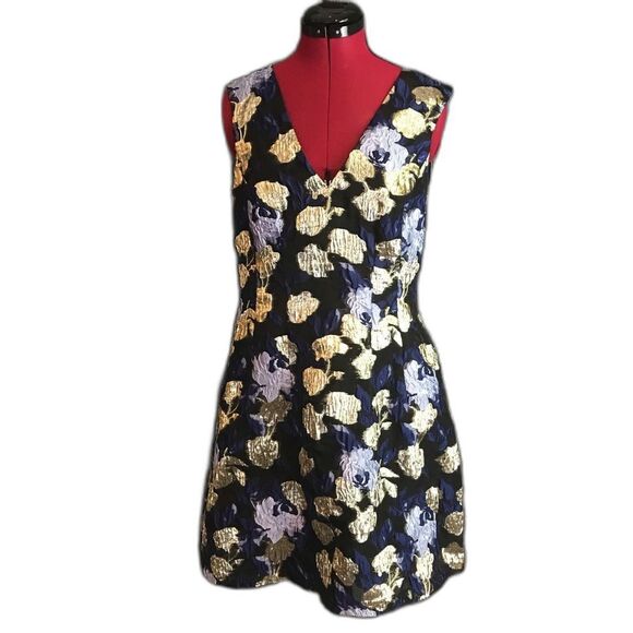 Badgley Mischka Sleeveless A-Line Dress Size 12 Metallic Gold/Blue Floral NWT - Picture 1 of 9